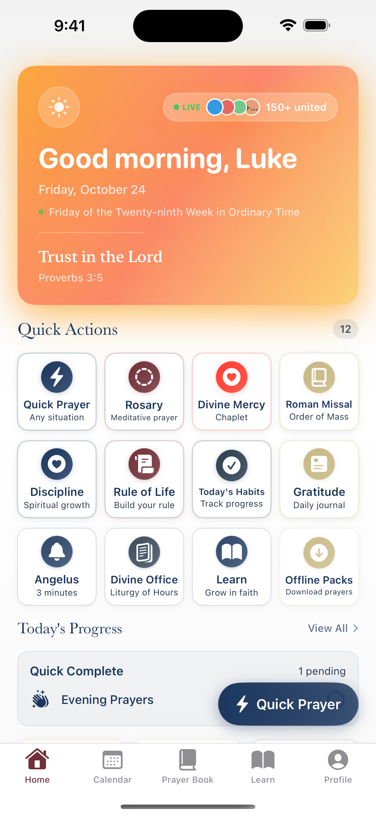 Daily Sanctum comprehensive dashboard showing prayer streaks, quick actions, and today's progress on iPhone
