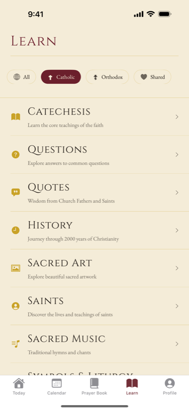 The Learn hub listing Catechesis, Questions, Quotes, History, Sacred Art, Saints and Sacred Music.