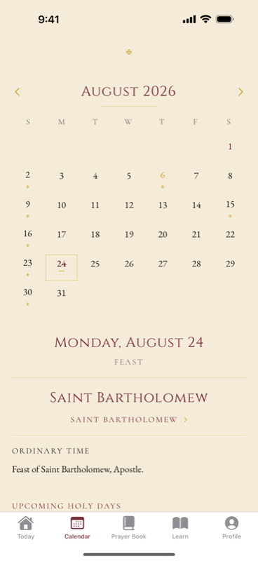 The liturgical calendar for August 2026, with the feast of Saint Bartholomew on the 24th.