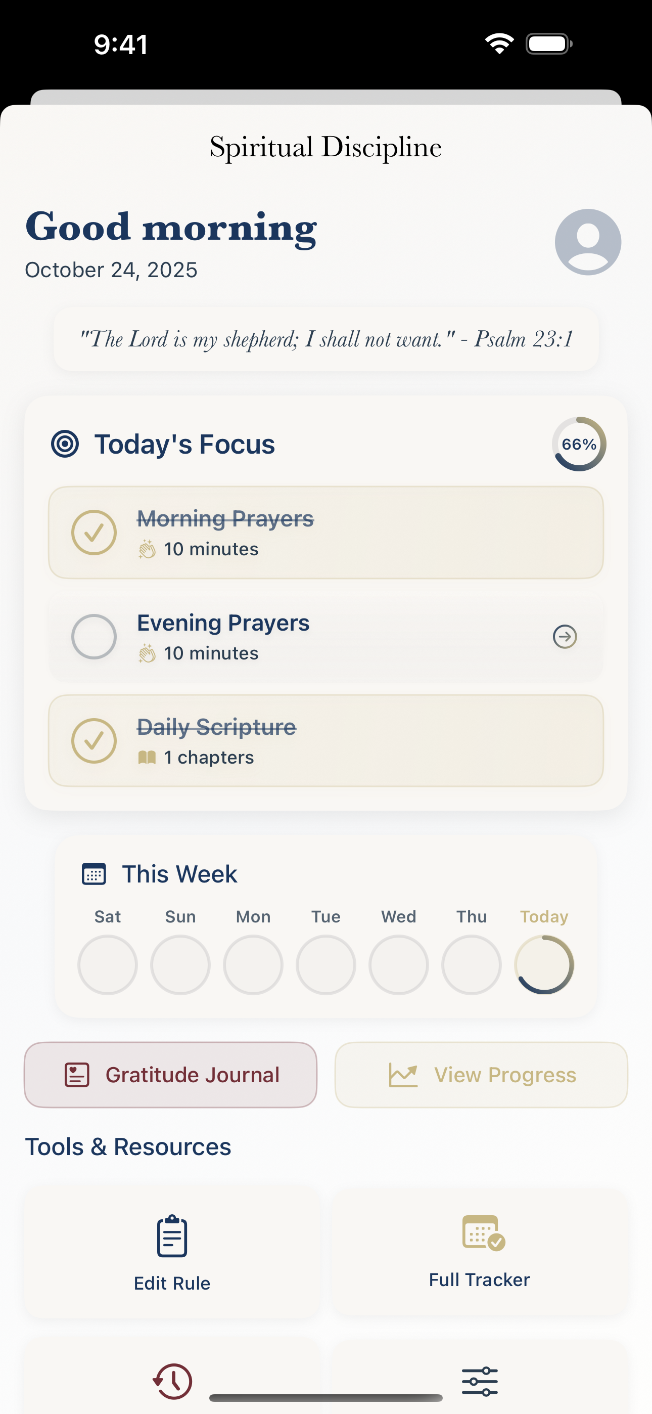 Spiritual Discipline Tracker showing habits, streaks, and progress