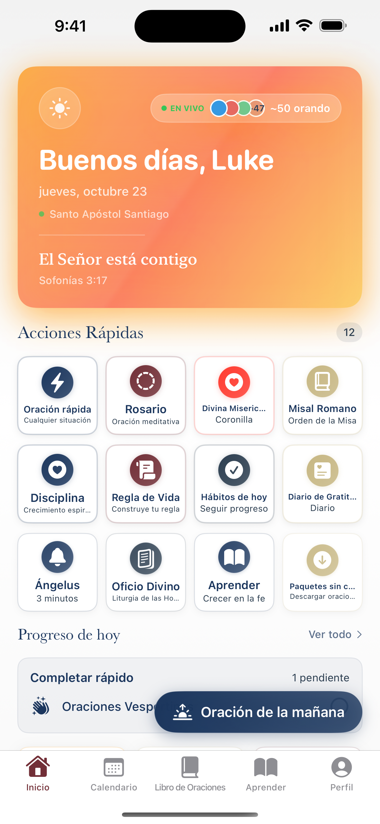 Panel completo de Daily Sanctum mostrando rachas de oración, acciones rápidas y progreso de hoy en iPhone