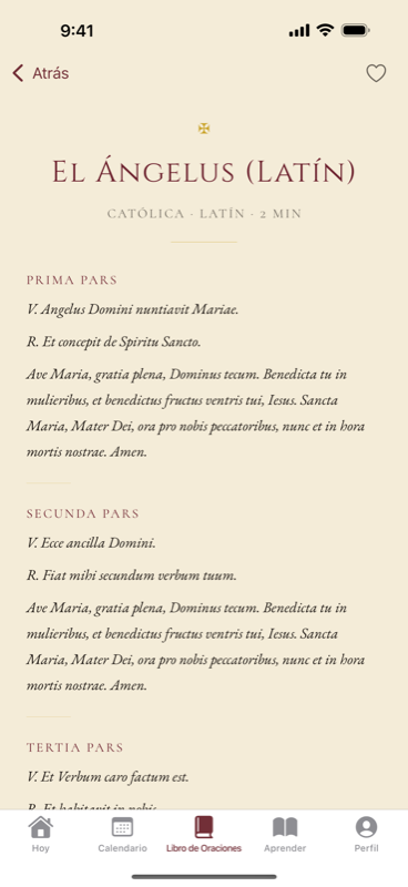 El Ángelus en latín, dispuesto en tres partes con sus versículos y respuestas.