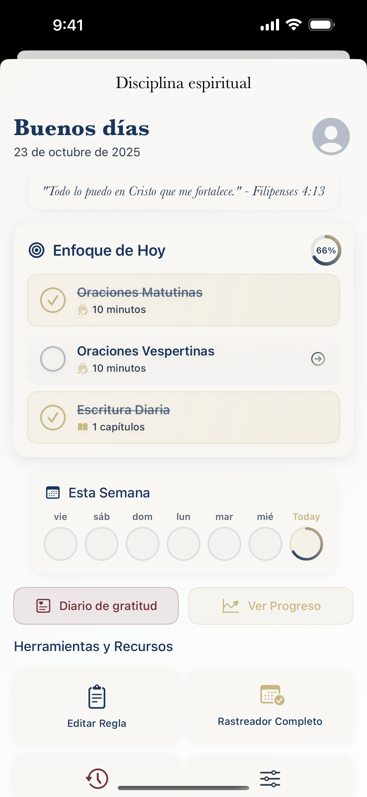 Rastreador de Disciplinas Espirituales mostrando hábitos, rachas y progreso